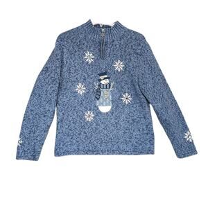 Timberlea Women's L Winter Snowman Blue Knit Sweater 1/4 Zip Pullover Snowflakes